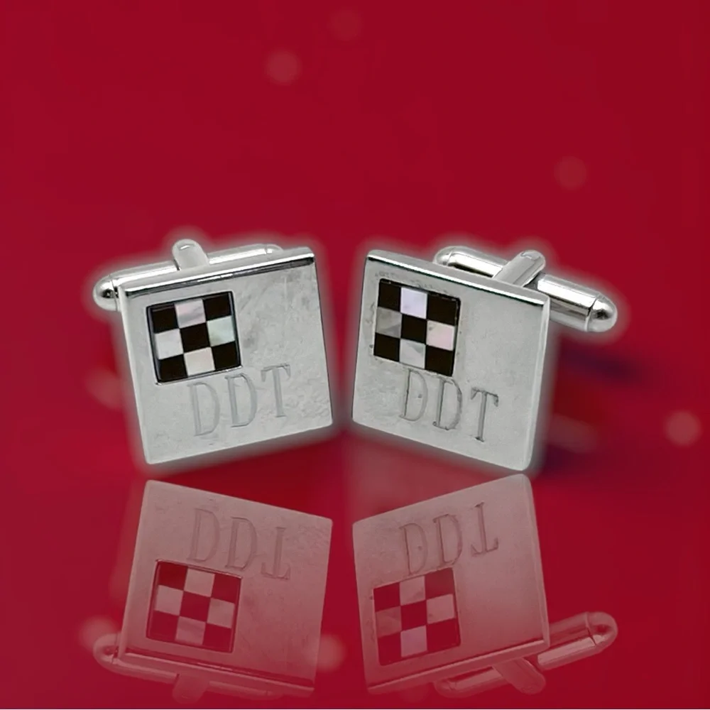 Silver Cufflinks With Mother of Pearl and Onyx Checkered Flag DDT Engraving